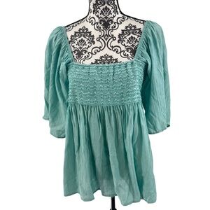 NWT Easel âSea Blue Creptâ Smocked Tie-Back Flowy Top Size M